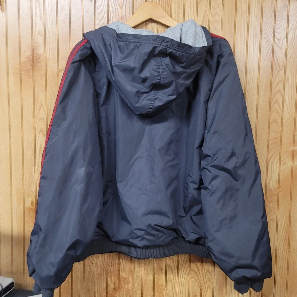 Vintage Y2K Adidas Mens Reversible Jacket Navy Blue Red Three Stripes Hood Sz L
